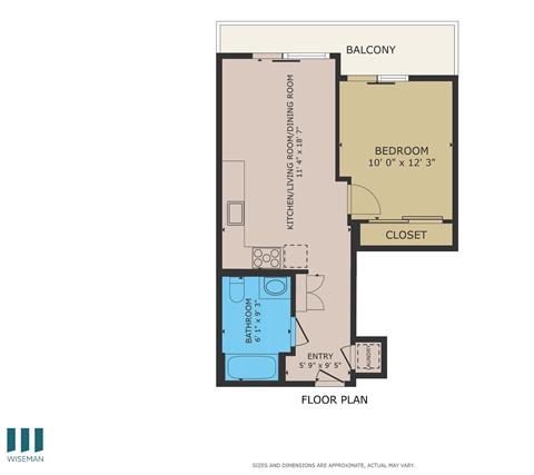 Floor plan for 2 beds, 1 bath, 580 sqft